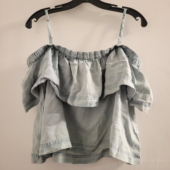 Free People Light Sky Blue Chambray Cold Shoulder Crop Ruffle Top Size Small - Picture 5 of 14